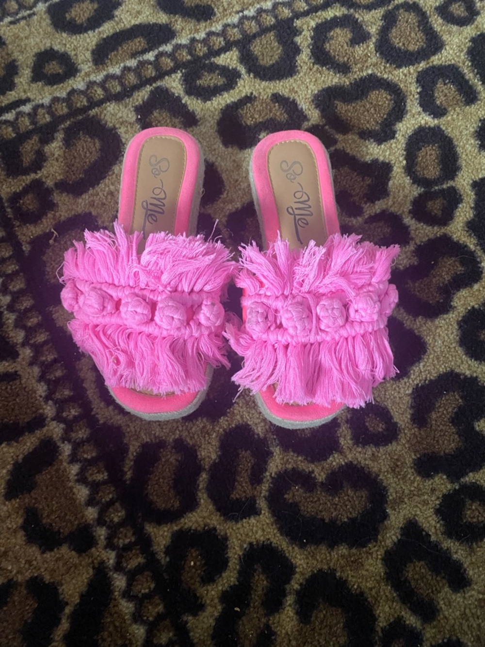 So Me Hot Pink Fringe Braided Slide Sandals